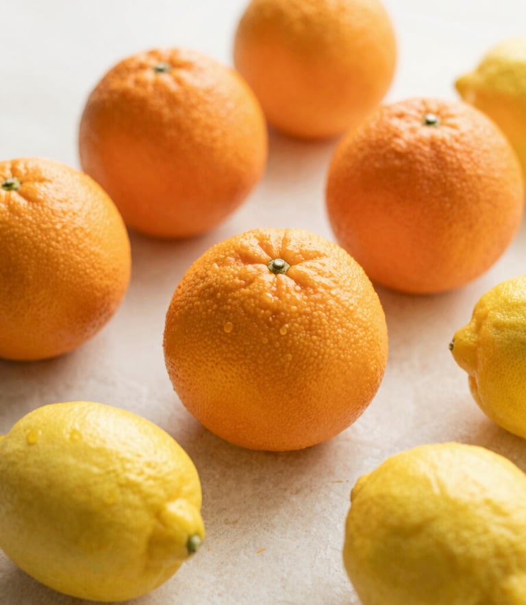 Close-up of vibrant ripe oranges and yellow lemons on a light cream pastel stone surface, soft morning light, warm organic tones, shallow depth of field, 35mm photography