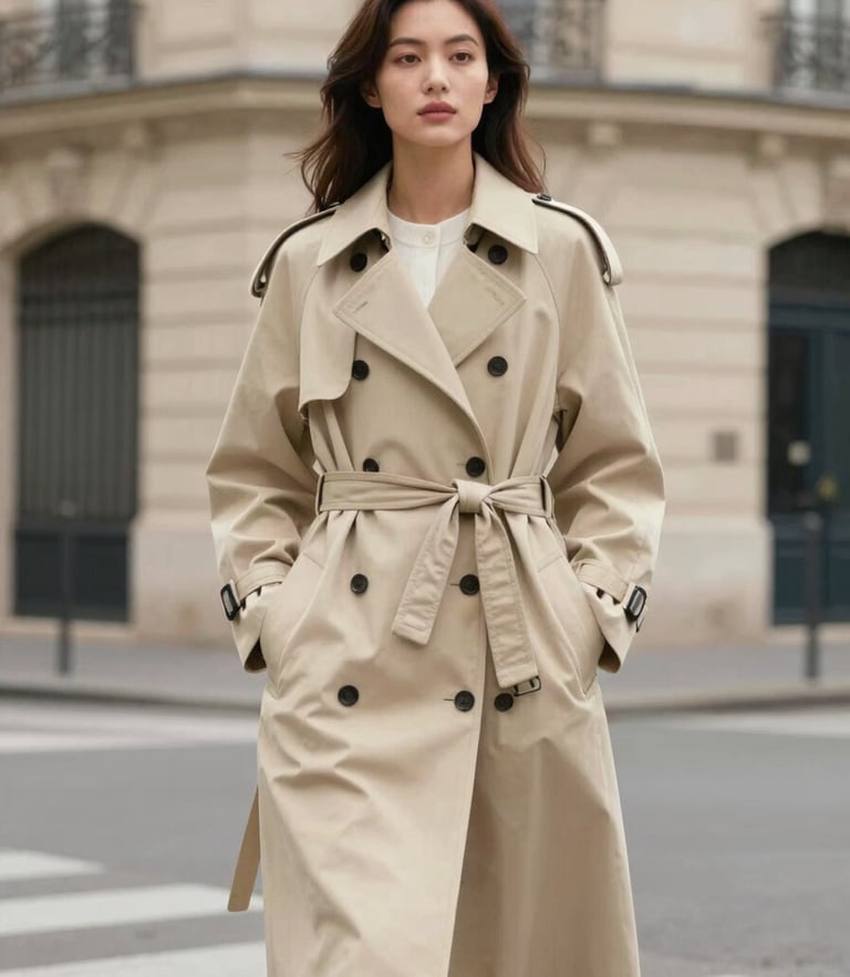 Elegant editorial portrait of a woman in a beige wool trench coat standing on a Parisian street corner, soft natural daylight, muted cream tones.