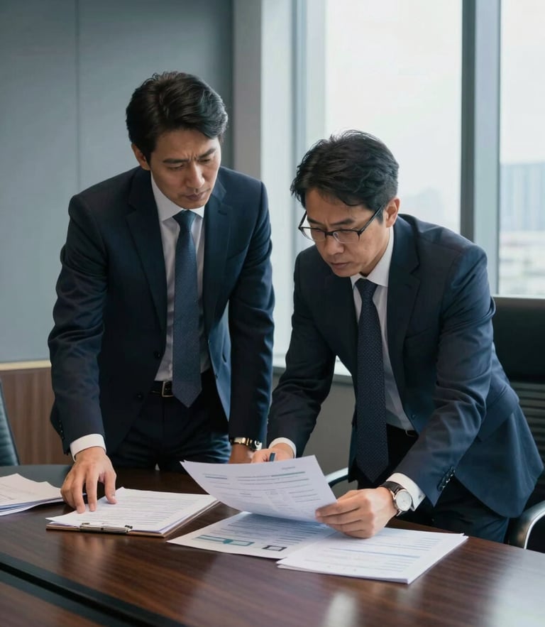 Candid environmental portrait of two corporate strategists analyzing data sheets in a low-key, sophisticated boardroom, cool daylight.