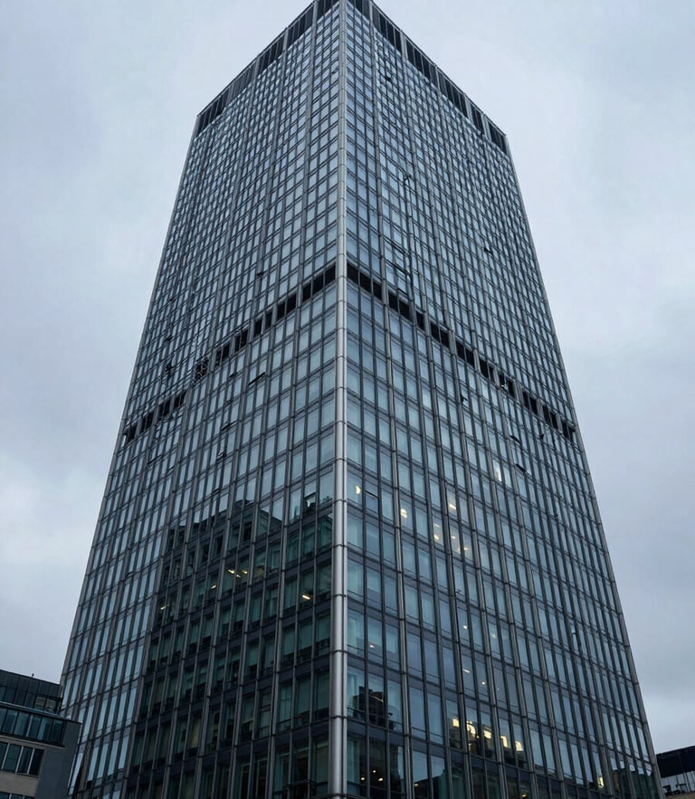 Wide-angle architectural detail of a modern glass and steel financial tower in London under cool overcast daylight, sharp focus, 35mm lens