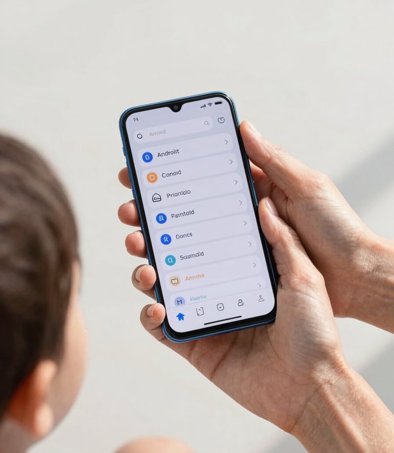 Close-up of three hands of different generations—a child, a parent, and a grandparent—holding a sleek Android phone. Bright daylight, soft minimal background, clean UI on screen.
