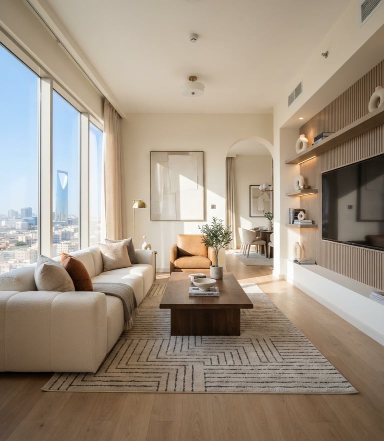 Bright modern apartment living room in Riyadh, natural morning sunlight streaming through large windows, warm neutral tones, clean straight-on architectural composition.