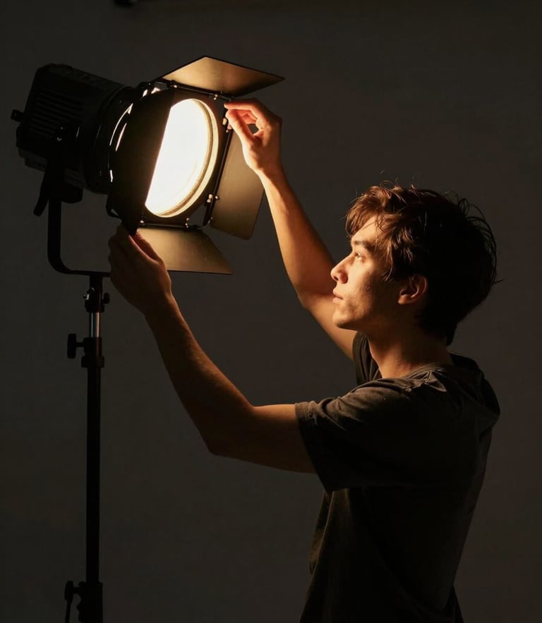 Cinematic low-key photography, environmental portrait of a creator adjusting a studio light, deep shadows, warm gold key light