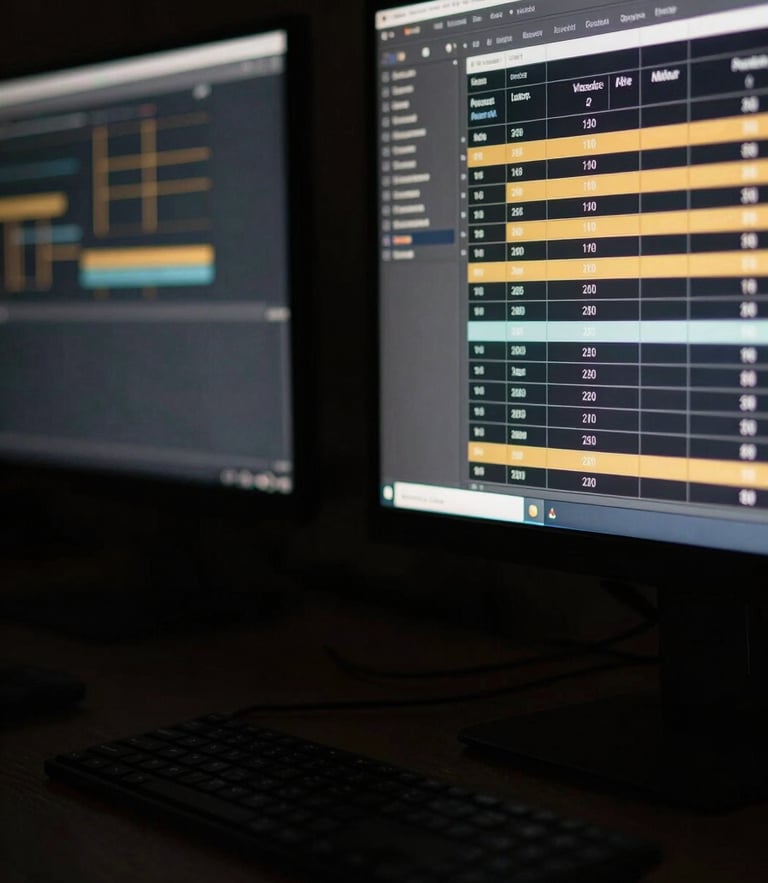 Cinematic low-key photography, close-up of a dark workspace with glowing digital screens showing project timelines, low-key lighting