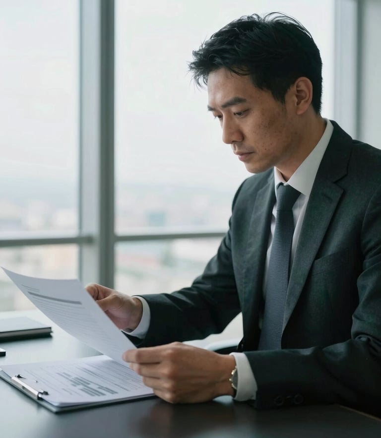 Executive reviewing financial documents in a high-altitude boardroom, cool natural window light, sharp focus, 35mm