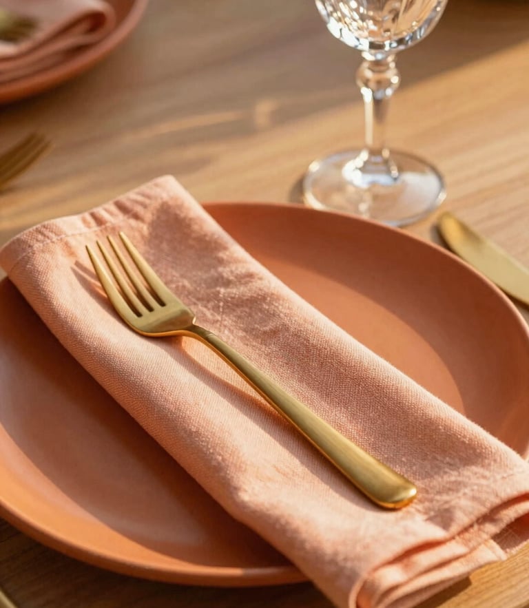 A beautiful portrait-oriented table setting with a terracotta ceramic plate, a peach linen napkin folded elegantly, gold cutlery, and a crystal wine glass reflecting warm golden hour natural light, shallow depth of field, 35mm