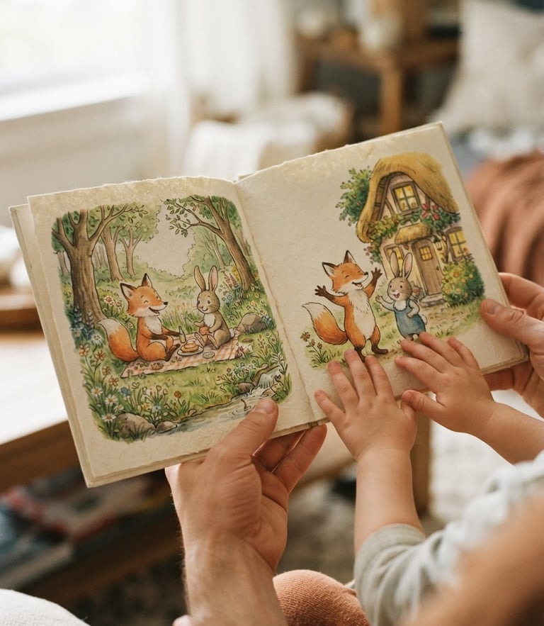 Hands holding an open children's picture book showing colorful hand-drawn characters, soft natural window light, warm paper texture