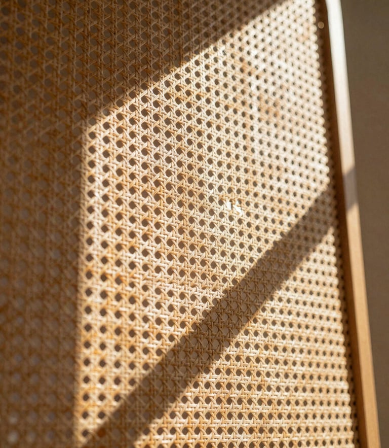 Macro texture shot of woven rattan screen casting geometric shadows in a sunlit architectural space, low-angle warm afternoon light, 35mm lens