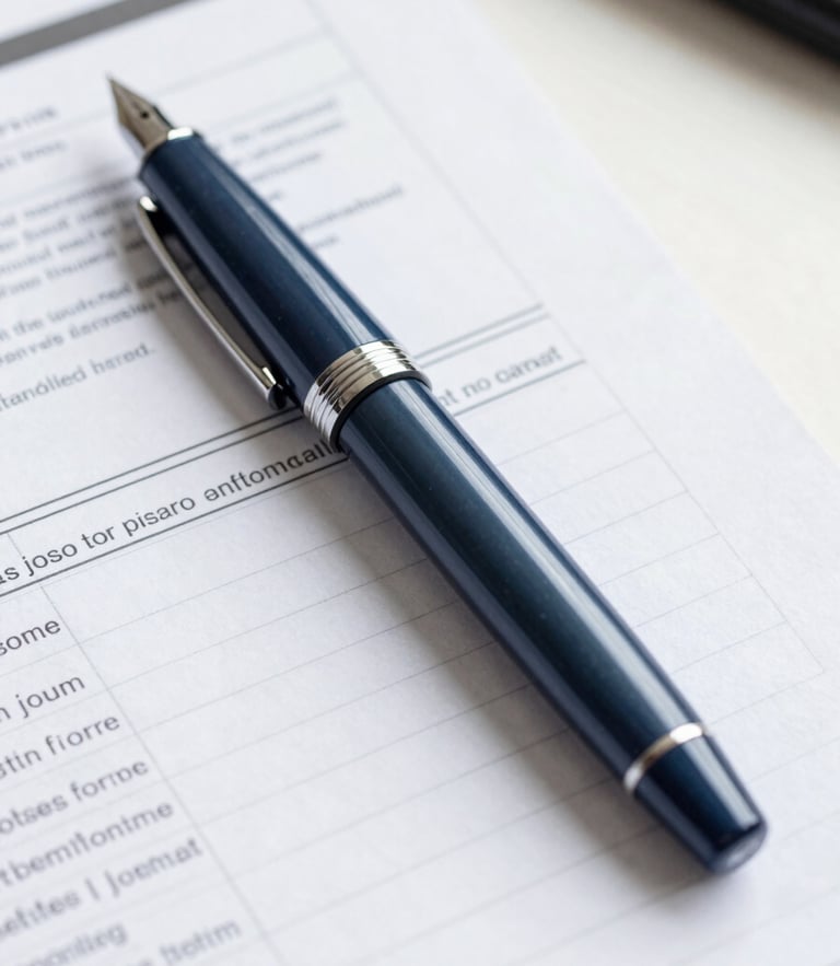 Close-up of a professional fountain pen resting on structured tax ledger documents, bright natural office light, navy and slate tones, 35mm