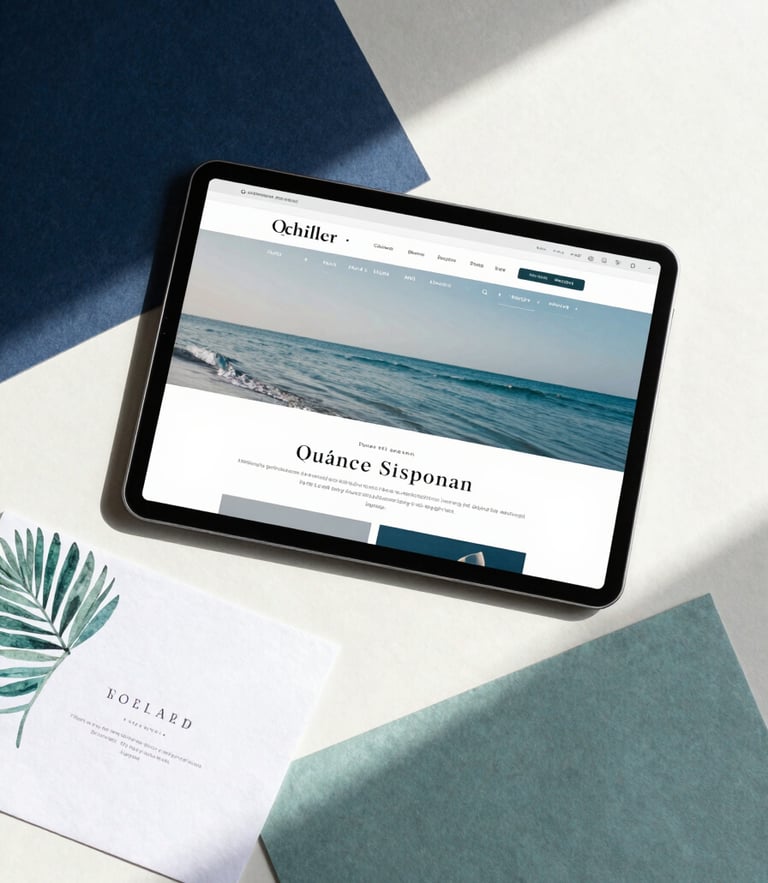 Overhead flat-lay of a modern tablet displaying a clean website mockup next to hand-painted paper invitations, soft coastal daylight, warm shadows.