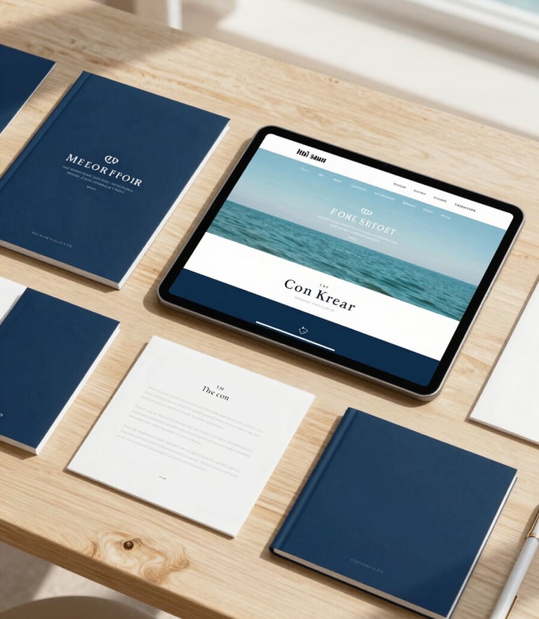 Styled flat-lay of high-end artisanal stationery and a tablet displaying a clean web design mockup on a light wooden table, soft coastal sunlight