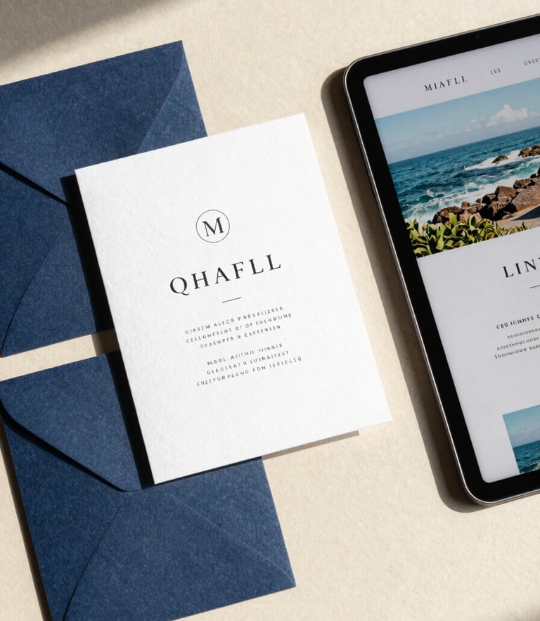 Overhead flat-lay of high-end textured linen paper invitations next to a modern tablet displaying a clean website mockup, warm coastal daylight, soft shadows