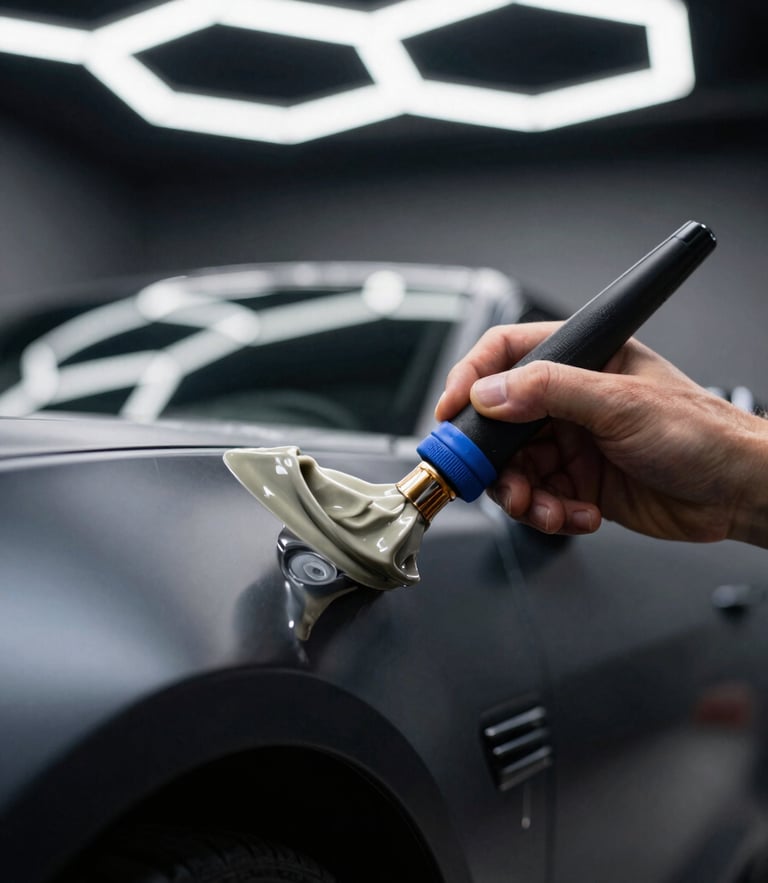 Macro close-up of a hand applying ceramic coating to a black sports car under sharp overhead LED hex-lights, high-contrast studio lighting, 35mm