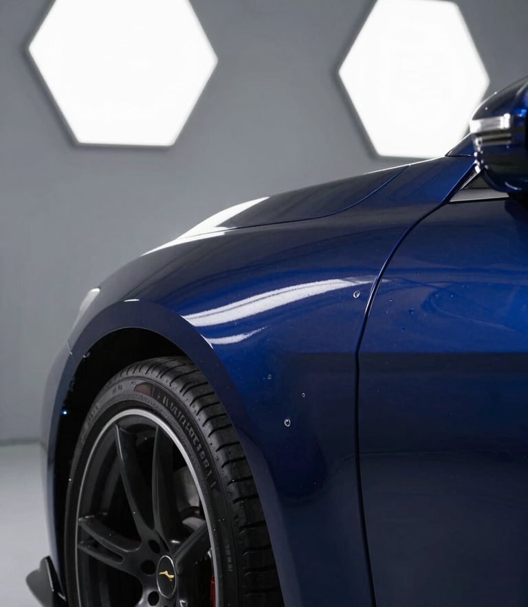 A close-up of a high-end sports car fender under bright LED hex-lights, showcasing deep metallic blue paint reflections and a crisp paint correction line, sharp focus, 35mm.