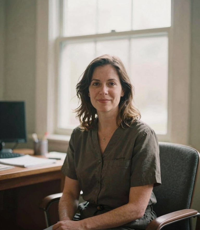 Environmental portrait of a licensed practitioner sitting in a warm, naturally lit office in Evanston, soft window daylight, muted earth tones, shallow depth of field, 35mm film look