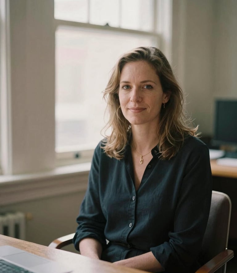 Environmental portrait of Dr. Sarah Jenkins sitting in a warm, naturally lit office space, soft window daylight, muted earth tones, shallow depth of field, 35mm film look.