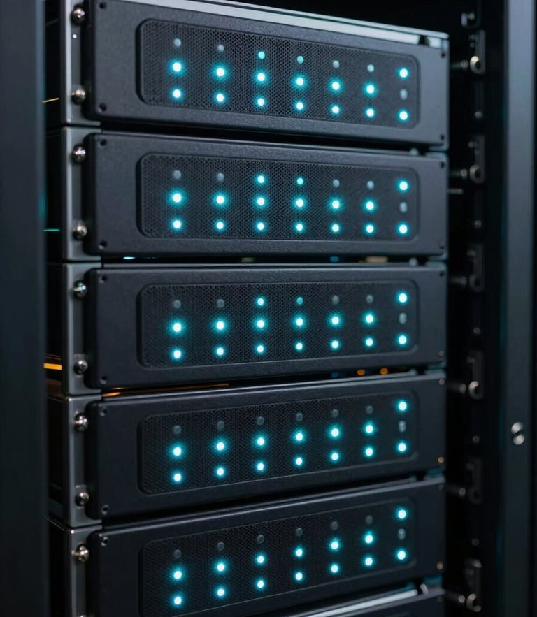 Macro shot of organized server racks with glowing cyan LED indicator lights in a dark data center, high contrast, technical precision
