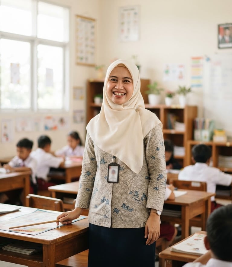 Bright editorial photography of a professional Indonesian female teacher in her 30s wearing a neat hijab, smiling warmly in a classroom with soft natural window light, clean neutral tones.
