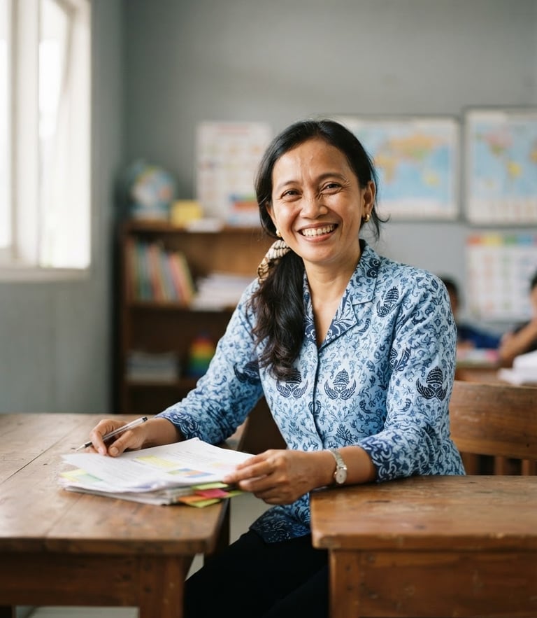 Bright editorial portrait of a female teacher in Indonesia, warm smiling expression, soft natural classroom daylight from a side window, clean slate gray background, 35mm lens.