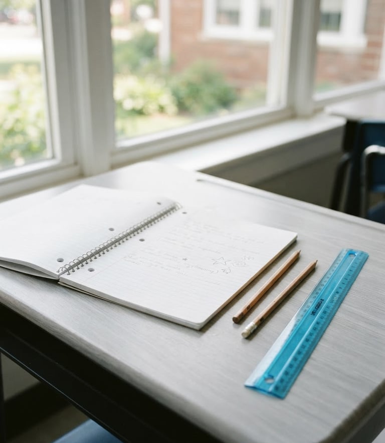 Bright editorial photography of open school notebooks, wooden pencils, and a blue ruler on a clean gray desk near a sunlit classroom window.