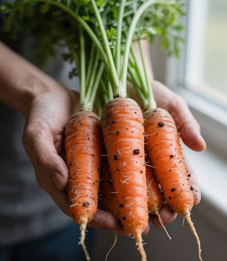 Close-up of weathered hands holding freshly harvested heirloom carrots with rich soil clinging to them, soft morning daylight, shallow depth of field, 35mm