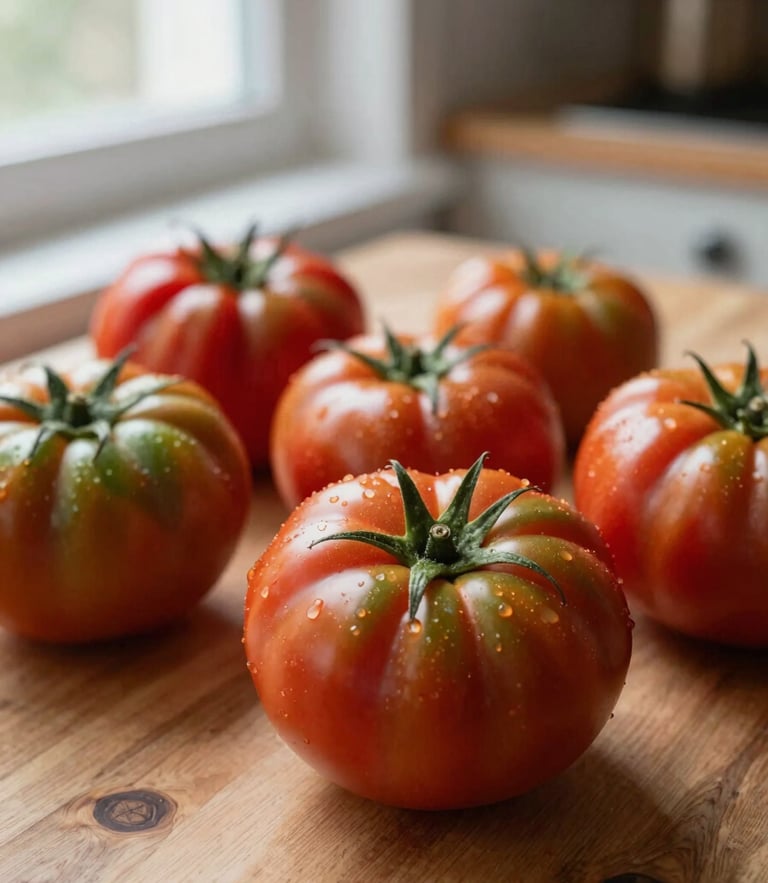 Close-up of raw heirloom tomatoes on a wooden table, soft natural window light, rustic Scandinavian kitchen setting, shallow depth of field