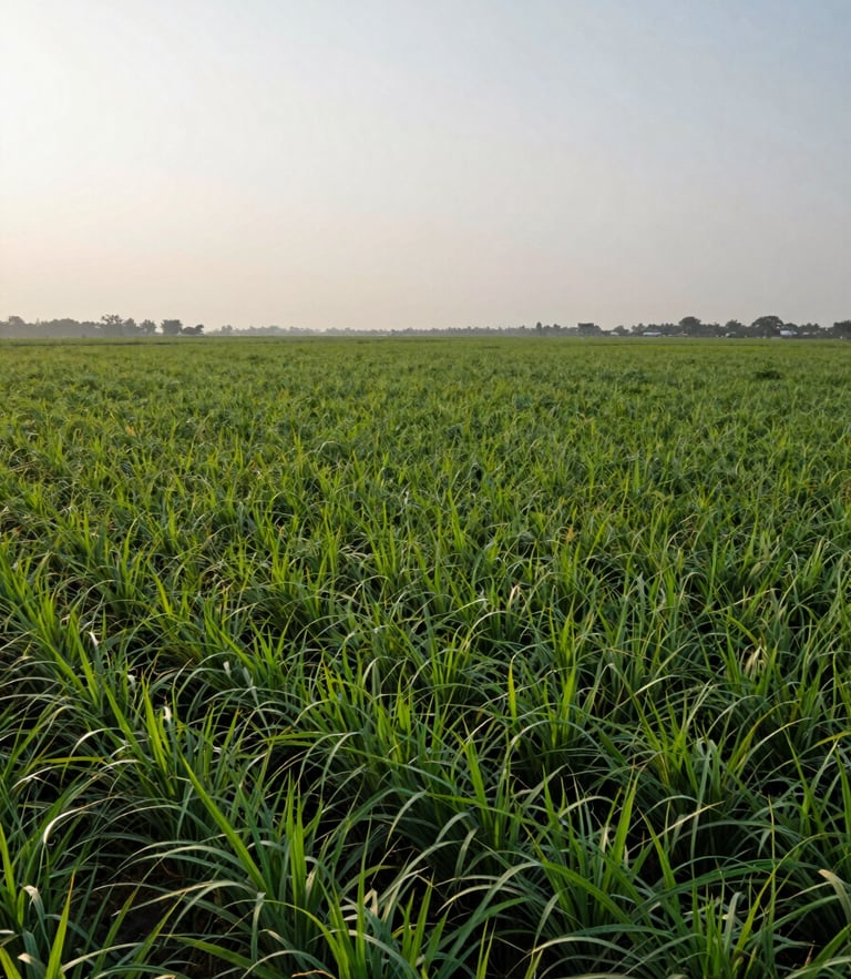 Wide-angle landscape shot of a thriving, high-volume commercial field in India during early morning, healthy green crops stretching to the horizon under a soft overcast sky.