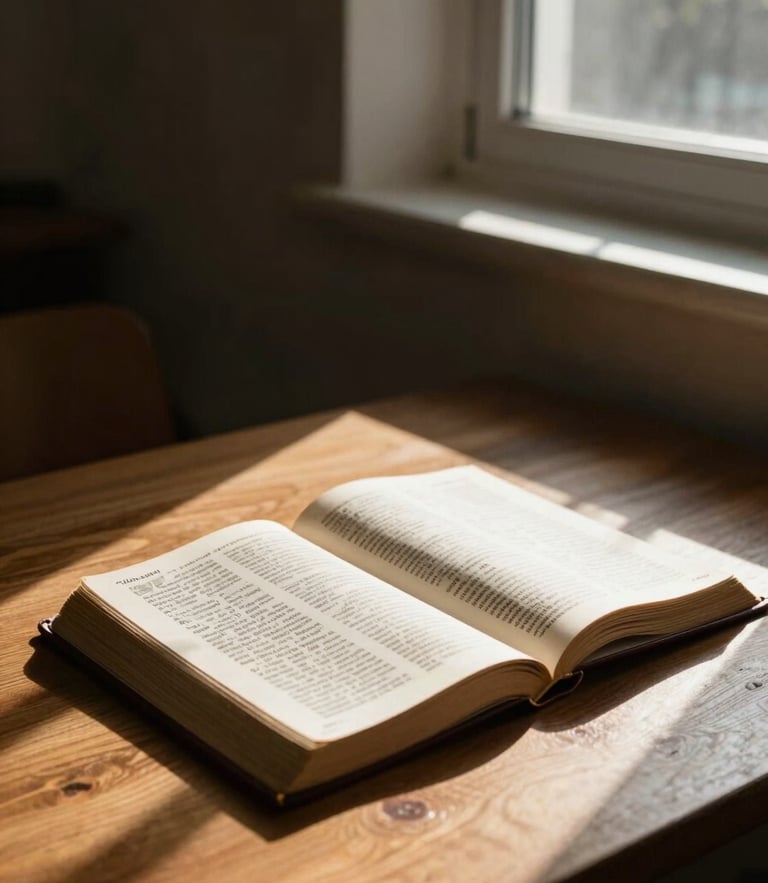 A quiet, high-contrast study room with natural light streaming through a window, a wooden table holding open scriptures, deep shadows and warm golden highlights.