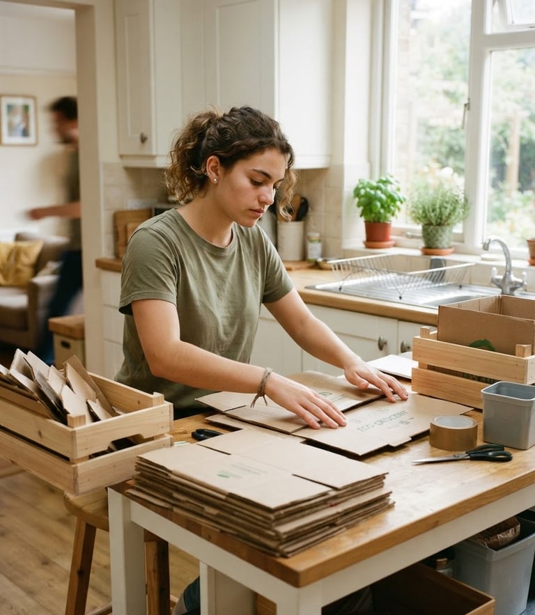 Bright natural daylight photo of a young volunteer sorting clean cardboard packaging in a sunlit domestic kitchen, 35mm lens.