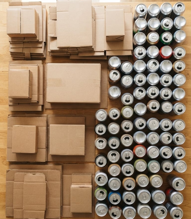 A top-down flatlay of clean, dry cardboard boxes and aluminum cans sorted on a light wooden table, bright natural daylight, 35mm lens.