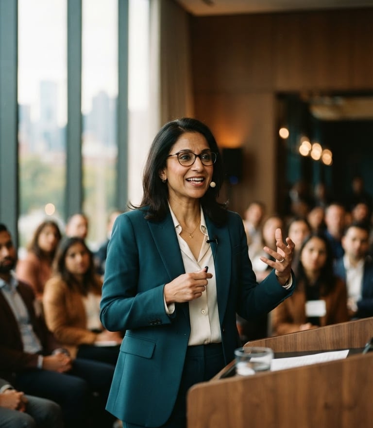 A physician speaking confidently at a warm-toned medical leadership symposium, natural window light, medium shot, shallow depth of field, 35mm style