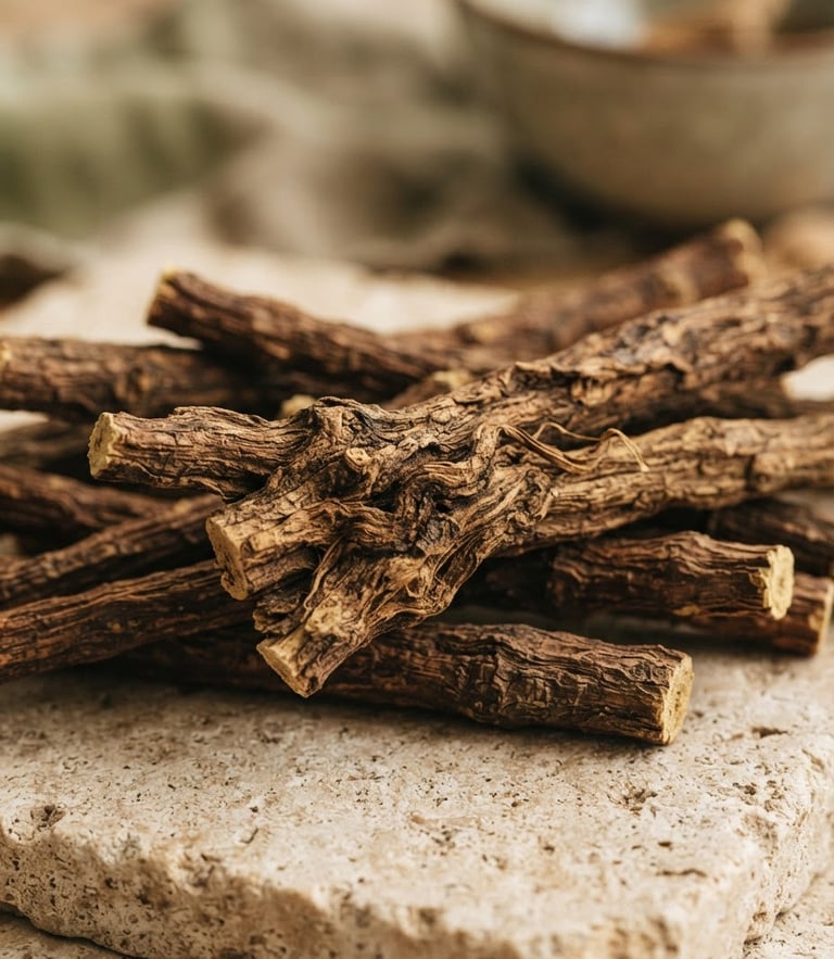 Close-up macro shot of raw licorice root textures on a textured sand-beige stone surface, soft diffused Nordic daylight, shallow depth of field