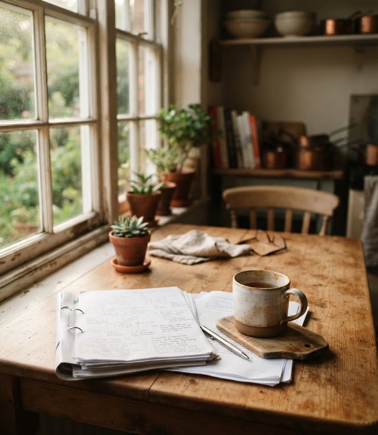 Warm editorial photography of natural window light illuminating an authentic, lived-in kitchen table with a ceramic mug and open documents, shallow depth of field, 35mm feel