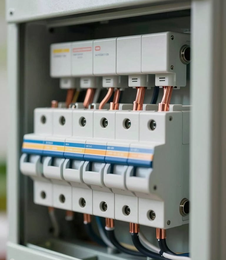 A close-up of a modern residential breaker panel with perfectly routed, neat copper wiring, illuminated by crisp natural daylight.