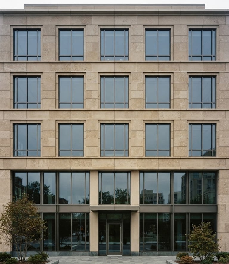 Architectural elevation of a modern limestone commercial facade, crisp overcast daylight, sharp linear perspective, medium format
