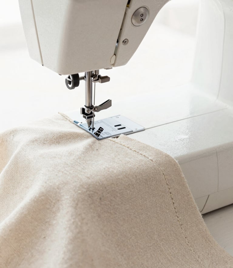 Macro detail of a high-end sewing machine stitching a clean seam on neutral ivory linen fabric, bright natural workshop light, 50mm