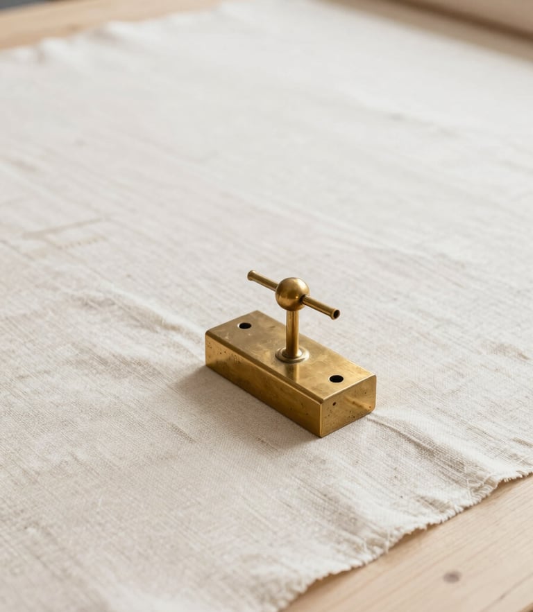 Clean editorial photography, bright natural workshop light, neutral sand and ivory tones. Focus on a pristine pattern-cutting table with a heavy brass pattern weight resting on structured linen fabric.