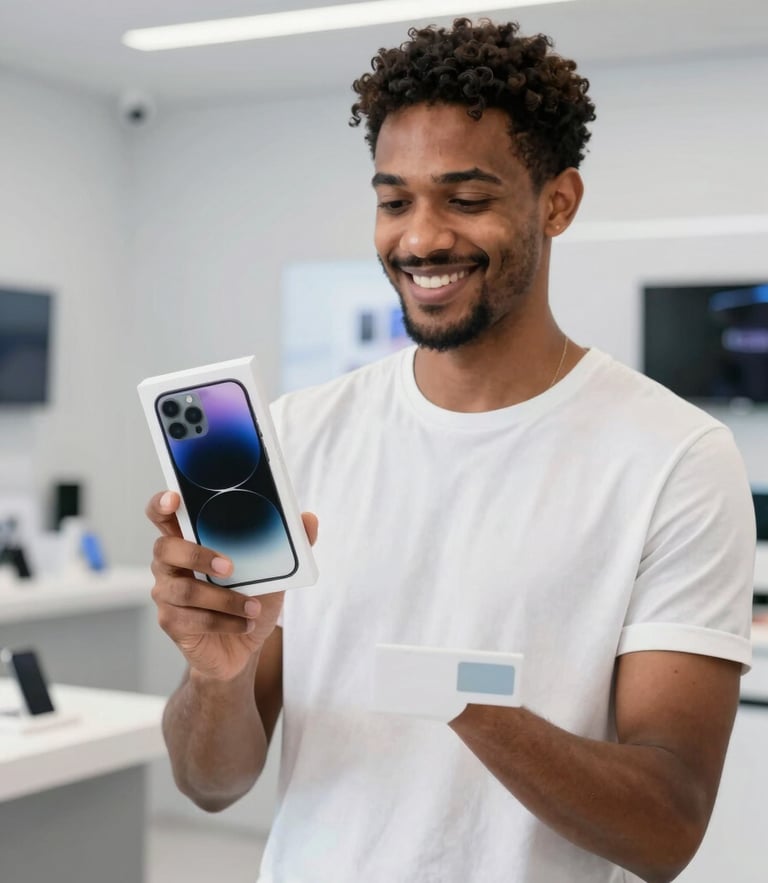 A happy customer holding a newly unboxed smartphone inside a brightly lit modern tech store in São Tomé, smiling, warm daylight, high-key product photography style