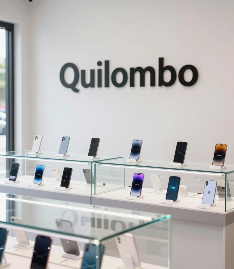 Bright high-key interior photography of a modern tech store in Quilombo, warm natural light, clean glass display cases with smartphones, professional welcoming atmosphere