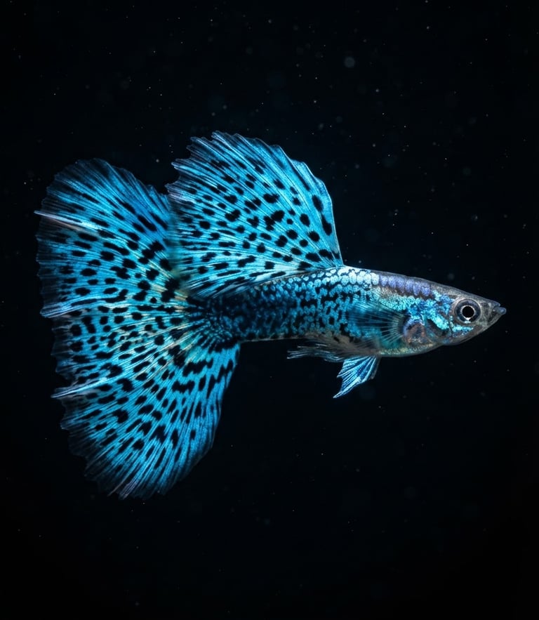Extreme macro shot of a male Blue Grass guppy with massive dorsal spread, vibrant neon blue and black spots, swimming in dark water, dramatic LED lighting, tack-sharp focus