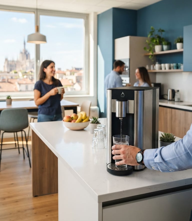 A bright, sunlit office breakroom in Milan. A sleek water dispenser stands on a clean countertop, with a person naturally interacting in the soft-focus background. Natural daylight, editorial style.