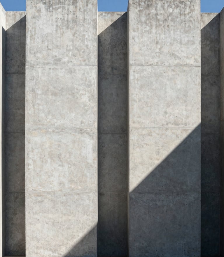 Frontal symmetrical view of a monolithic concrete facade with sharp geometric shadows cast by harsh noon light, minimal landscaping.
