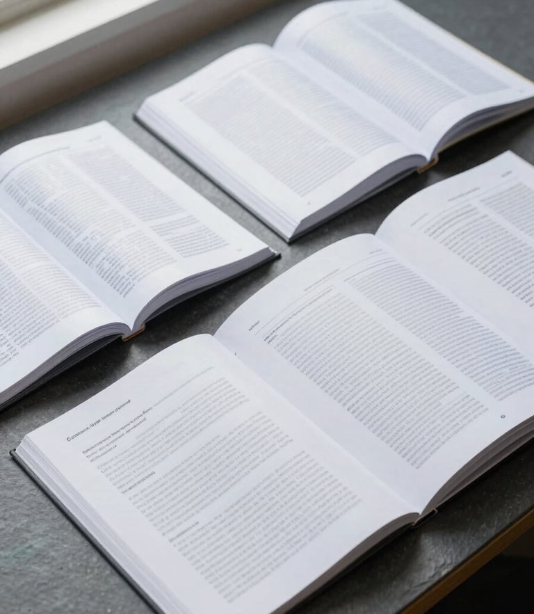 A clean overhead shot of open research journals, peer-reviewed monographs, and scientific manuscripts arranged on a dark slate library desk, bright natural daylight, cool desaturated tones.