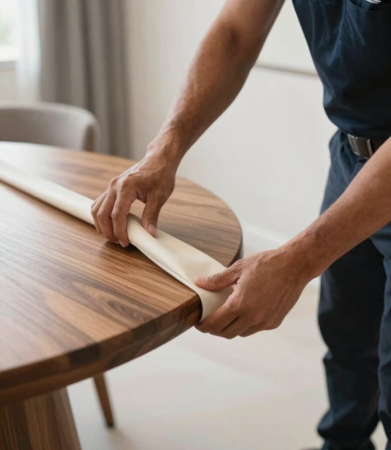 Close-up of a professional uniformed mover carefully wrapping a luxury wooden table edge with thick protective padding inside a bright, modern Dubai apartment