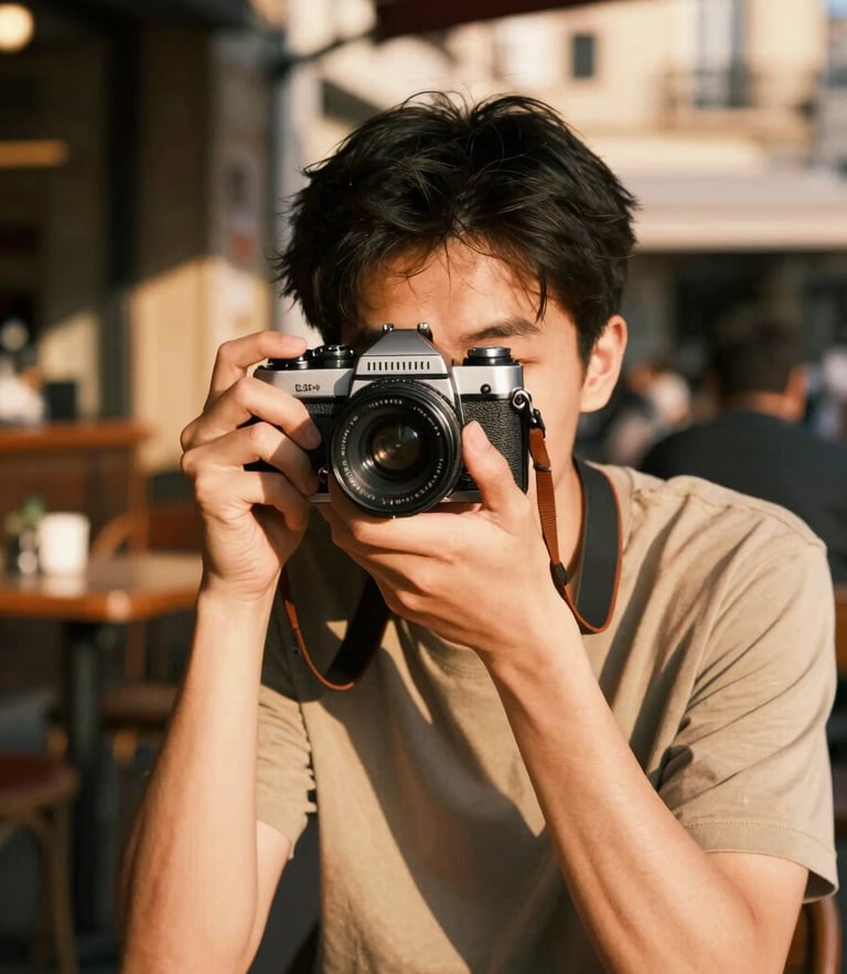 A candid portrait of a young photographer with a vintage 35mm film camera, warm golden-hour sunlight casting long shadows, soft focus, European cafe background.
