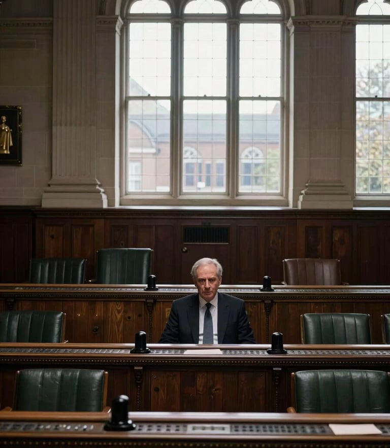 Dignified editorial photography of a formal parliamentary chamber in the UK, soft natural light streaming through high arched windows, deep rich tones, classic composition, 35mm lens.
