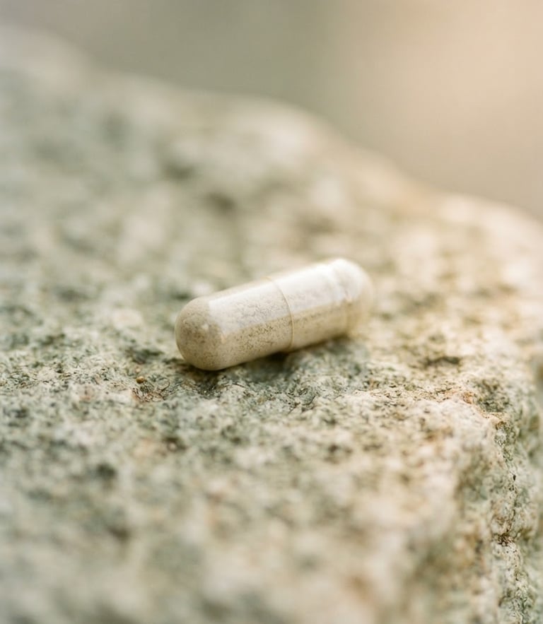 Macro shot of a single vegan capsule resting on a textured sage-colored stone, soft morning daylight, shallow depth of field