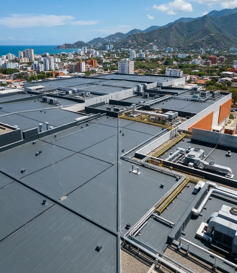 High-angle architectural photography of a commercial facility roof in Santa Marta, heat-sealed waterproofing membranes visible, bright tropical daylight, high contrast, deep slate and blue tones, sharp focus, 35mm lens