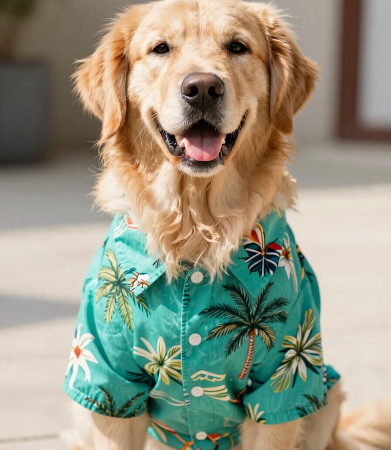 A happy golden retriever wearing a vibrant teal tropical shirt, sitting outdoors in bright warm daylight, close-up shot focusing on garment fit, shallow depth of field