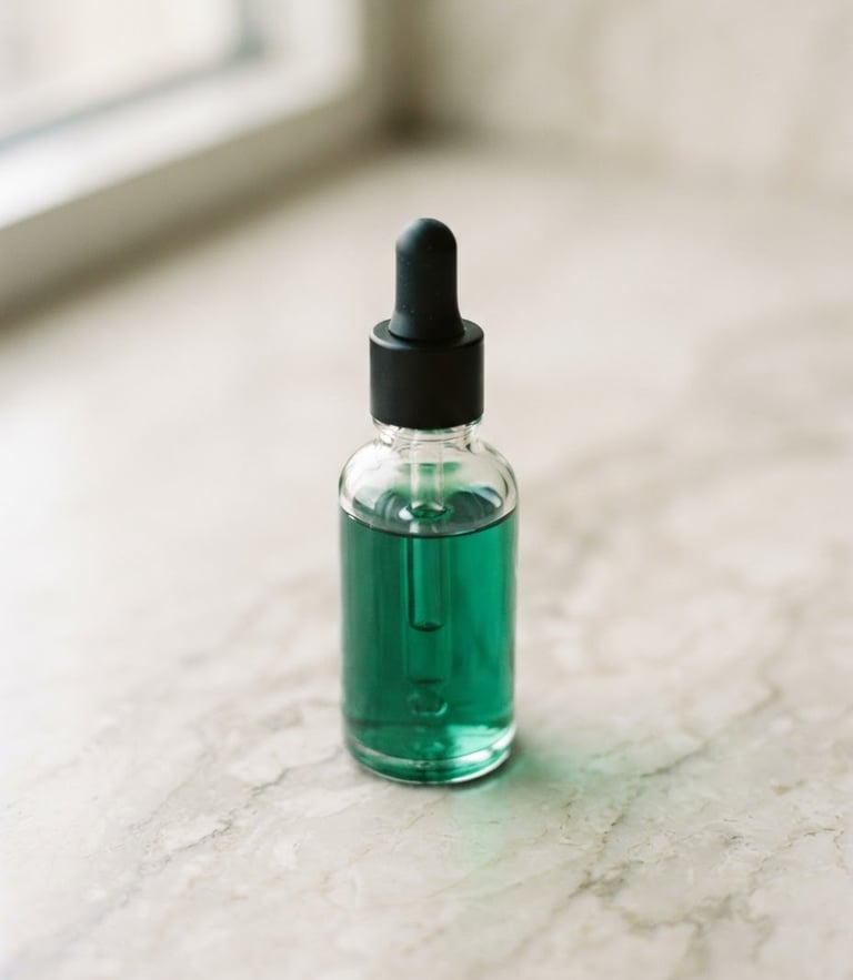 Macro product shot of a clean glass dropper bottle with emerald green liquid, resting on a soft cream marble surface, soft natural window light, shallow depth of field, 35mm